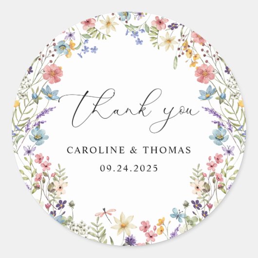 Elegante Wildflower Bloom Dank u Script Bruiloft Ronde Sticker (Voorkant)