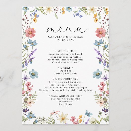 Elegante Wildflower Bloom Romantisch Script Bruilo Menu (Voorkant)