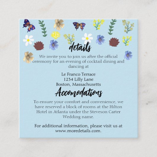 Elegante Wildflower Boho Blue Wedding Informatiekaartje (Voorkant)