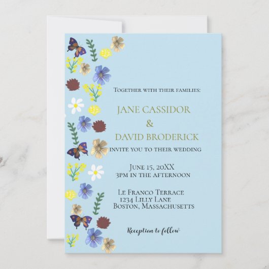 Elegante Wildflower Boho Blue Wedding Kaart (Voorkant)