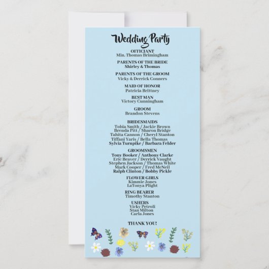 Elegante Wildflower Boho Blue Wedding Programma (Achterkant)