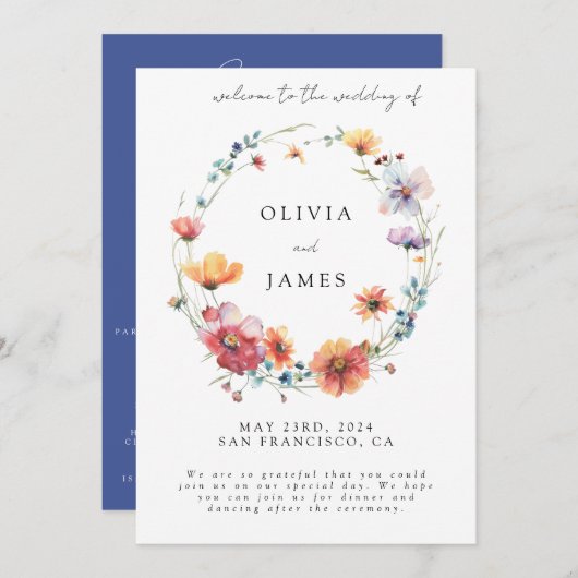 Elegante Wildflower krans Zomer bruiloft Welkom Programma (Voorkant / Achterkant)