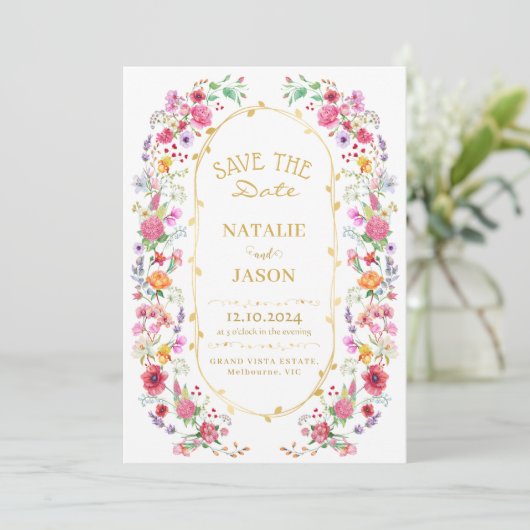 Elegante Wildflower Meadow Spring Garden bruiloft Save The Date (Staand voorkant)