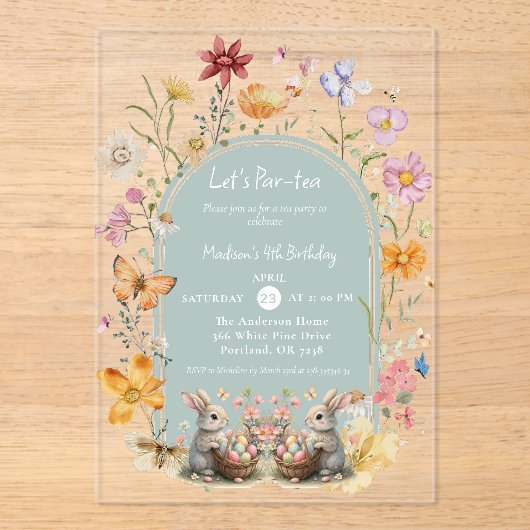 Elegante Wildflower Paasverjaardag ParTea Acryl Uitnodigingen (Voorkant)
