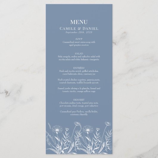 Elegante Wildflower Periwinkle bruiloft Menu (Voorkant)