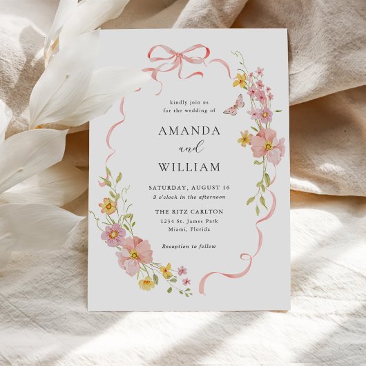 Elegante Wildflower Pink Bow Wedding Kaart