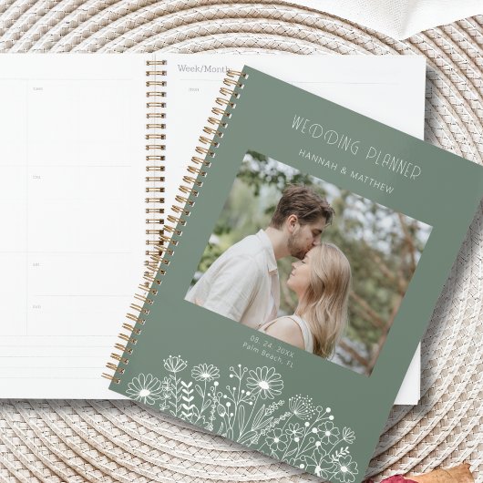 Elegante Wildflower Sage Green Boho Fotobruiloft Planner