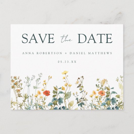 Elegante Wildflower Wedding Save the Date Briefkaa Uitnodiging Briefkaart (Voorkant)