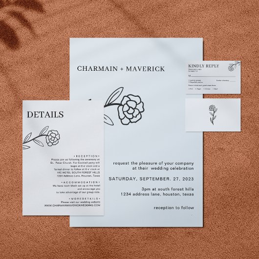 Elegante Wildflower Zwart-wit bruiloft Details Informatiekaartje