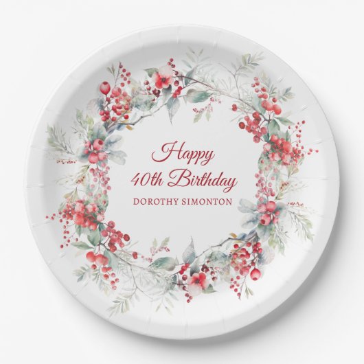 Elegante Winter Berry Botanical 40e verjaardag Papieren Bordje (Voorkant)