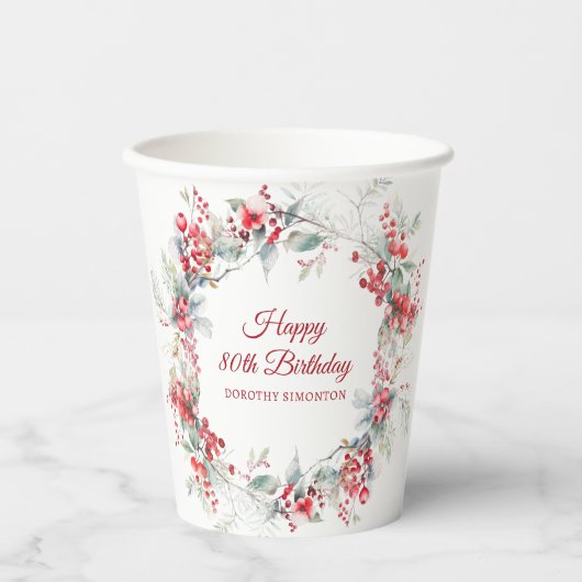 Elegante Winter Berry Botanische 80e verjaardag Papieren Bekers (Voorkant)