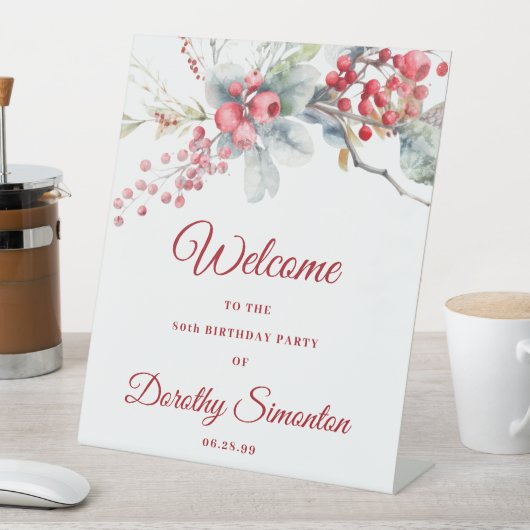 Elegante Winter Berry Botanische 80e verjaardag Reclamebord Met Voetstuk (Insitu)