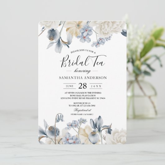 Elegante Winter Blauwe En Witte Bloemen Kaart (Staand voorkant)