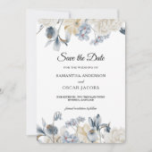 Elegante Winter Blauwe en Witte Bloemen Save The Date (Voorkant)