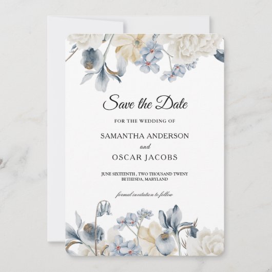 Elegante Winter Blauwe en Witte Bloemen Save The Date (Voorkant)
