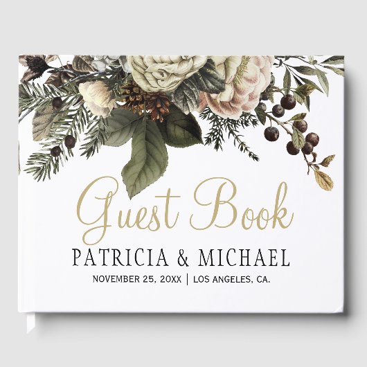 Elegante winter bloemengoud typografie bruiloft gastenboek (Voorkant)