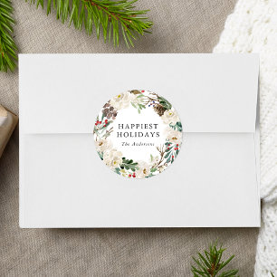 Elegante winter bloemenkrans gepersonaliseerde vak ronde sticker