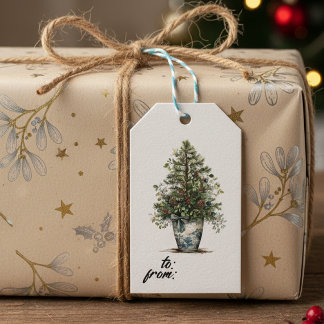 Elegante winter botanische cadeaukaart met pijnboo cadeaulabel