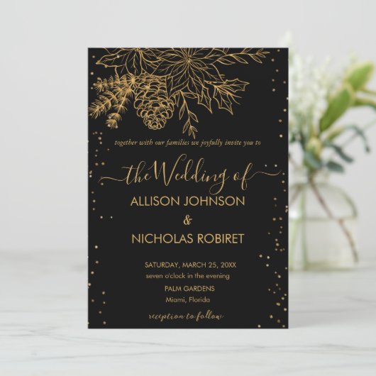 elegante winter bruiloft faux goud Uitnodiging (Staand voorkant)