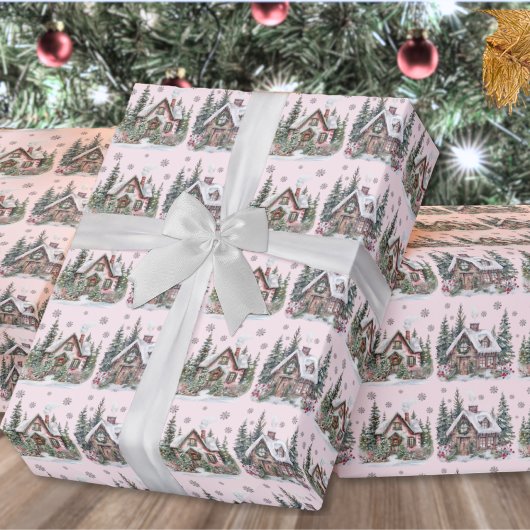 Elegante Winter Cabin Blush Roze Kerstmis Cadeaupapier