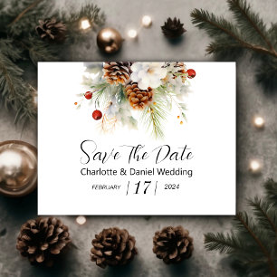 Elegante Winter Evergreen en Rowan Berries Bruilof Save The Date