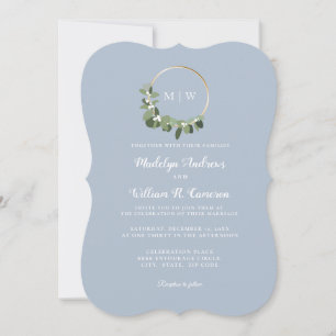 Elegante Winter Monogram Blauwe Scalloped Trouw Kaart