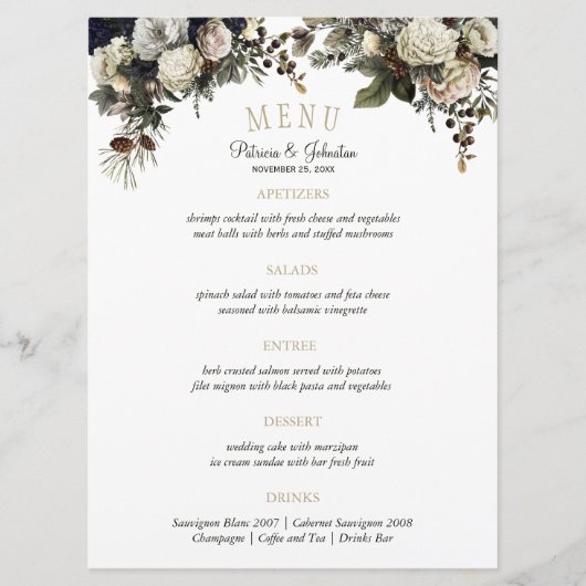 Elegante winter pioenen en gebladerte bruiloft men menu (Voorkant)