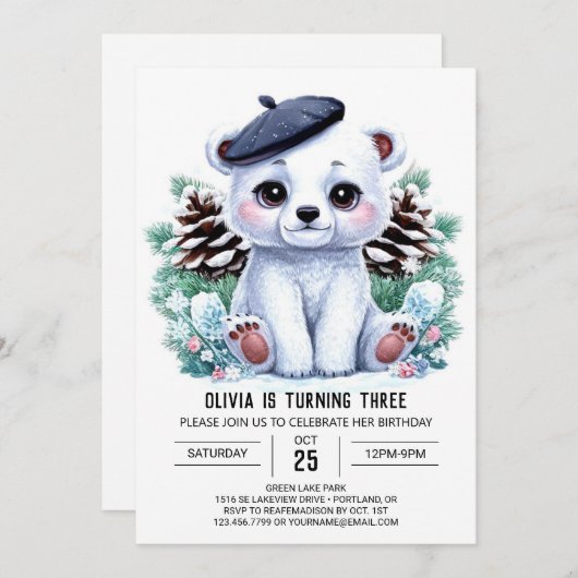 Elegante Winter Polar Beer Digitale Verjaardag Kaart (Voorkant / Achterkant)