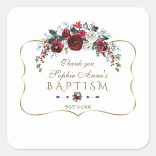 Elegante Winter Roze Bloemendesign met Pijnboom en Vierkante Sticker