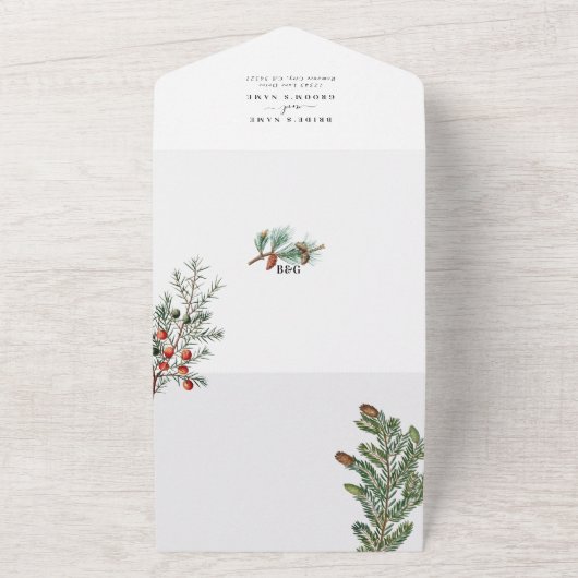 Elegante Winter Rustieke Dennenbomen Lantaarn Brui All In One Uitnodiging (Buitenkant)