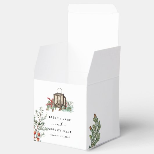 Elegante winter rustieke dennenbomen lantaarn brui bedankdoosjes (Geopend)