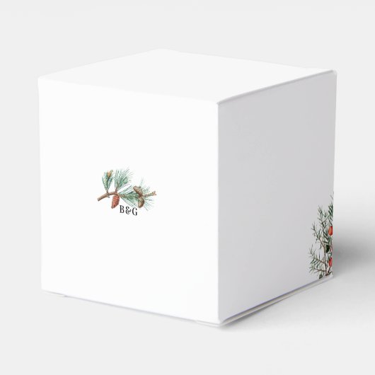 Elegante winter rustieke dennenbomen lantaarn brui bedankdoosjes (Achterkant)