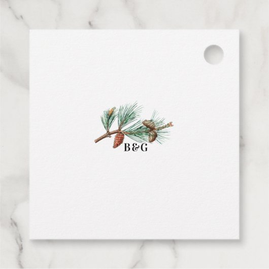 Elegante winter rustieke dennenbomen lantaarn brui bedankjes labels (Achterkant)