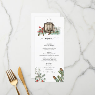 Elegante winter rustieke dennenbomen lantaarn brui menu
