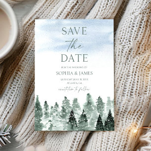 Elegante Winter Sneeuw Groen Dennen Huwelijk Save The Date