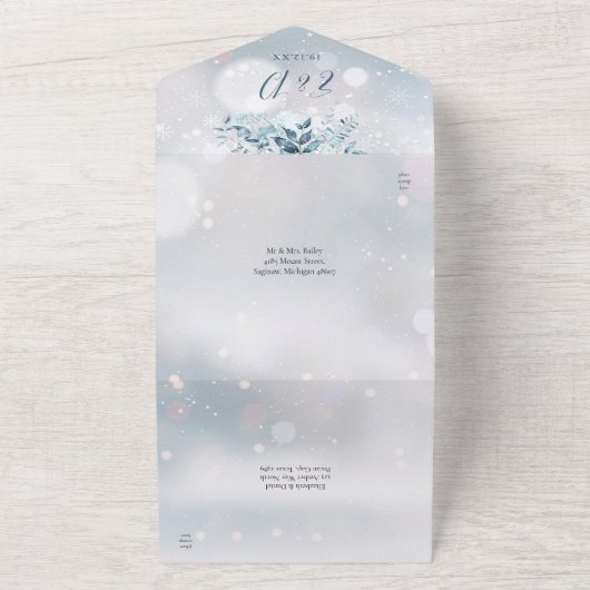 Elegante winter sneeuwvlok bloemenbruiloft alles i all in one uitnodiging (Buitenkant)