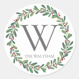 Elegante Winter Sprigs Monogram Kerstvakantie Ronde Sticker