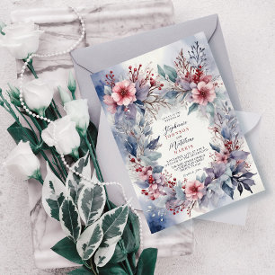 Elegante Winter Waterverf Bloemenbessen Bruiloft Kaart