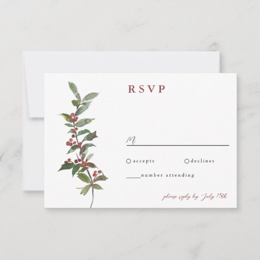 Elegante Winterbessen Rood Groen Waterverf RSVP C (Voorkant)