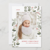 Elegante winterblad en hulstbessen foto feestdagenkaart (Voorkant)