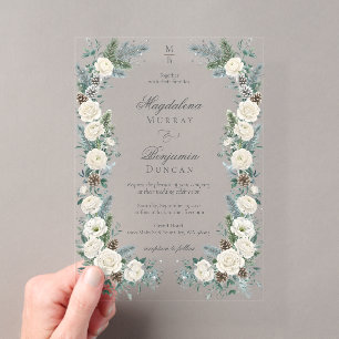 Elegante Wintergroen Witte Bloemige Bruiloft Acryl Uitnodigingen