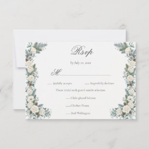 Elegante Wintergroen Witte Bloemige Trouwmaaltijd RSVP Kaartje