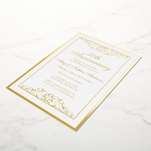 Elegante wit gouden werveling 50ste bruiloft Jubil Folie Uitnodiging (Gedraaid)