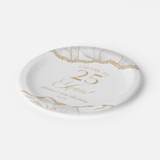 Elegante witgouden agaat 25e verjaardagsfeest papieren bordje (Gekanteld)