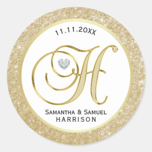 Elegante witgouden glitter monogram letter 'H' Ronde Sticker