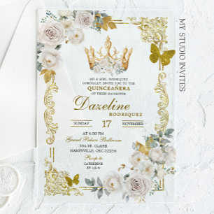 Elegante witgouden ivoren kroon Quinceanera Acryl Uitnodigingen