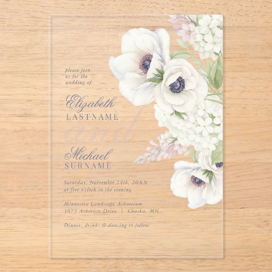 Elegante witte anemoon bloemenbruiloft acryl uitnodigingen (Voorkant)