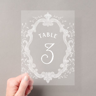 Elegante witte bladkroon acryl tafelnummer uitnodigingen