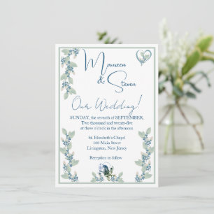 Elegante witte, blauwe, & groene bloemenbruiloft kaart