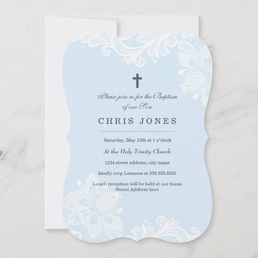Elegante Witte Blauwe Kant doop uitnodiging (Voorkant)